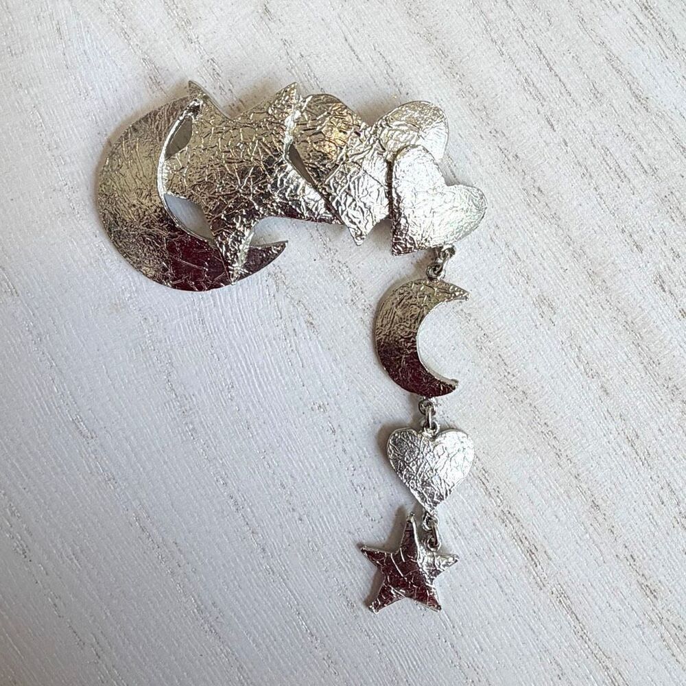 Vintage Ultra Craft Silver Tone Moon Heart Star Dangle Brooch